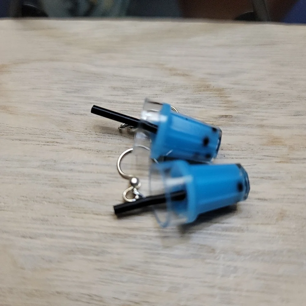 Handcrafted Mini Bubble Tea Dangle Earrings Blue Boba Milk Tea Jar Straw